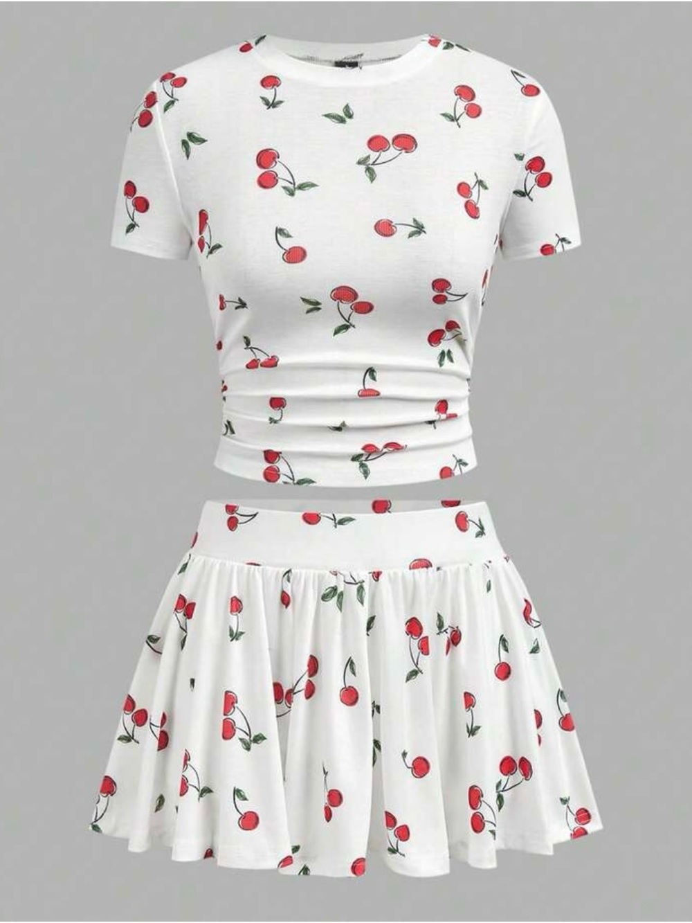 Cherry Print Crop Top & Skirt Set - White with Red Cherries